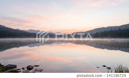A lake with a mountain in the background 141186729