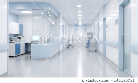 A hospital hallway with a row of white doors A hospital hallway with a row of white doors 141186751
