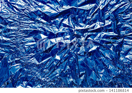 Close-up of crinkled blue metallic foil, Close-up of crinkled blue metallic foil, 141186814