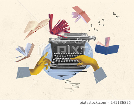 Pop art collage. Female hand typing on retro typewriter over creative design background. Vintage, retro 141186855