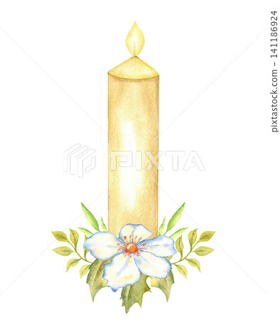 Gold candle with white flower and green leaves for easter card and religious memorial design for invitation and poster. Isolated. For first communion, wedding, baptism, save the date greeting card 141186924