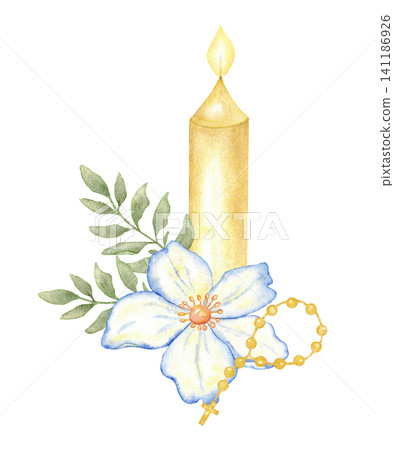 Golden burning candle with rosary and white flower with green leaves for first communion baptism card invitation and religious background design. Isolated. For wedding, save the date card, label Golden burning candle with rosary and white flower with green leaves for first communion baptism card invitation and religious background design. Isolated. For wedding, save the date card, label 141186926
