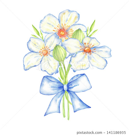 Blue watercolor bouquet of wildflowers tied with a blue ribbon bow for wedding card bouquet label and floral design. For first communion, baptism greeting card, invitation. Hand drawn. Isolated Blue watercolor bouquet of wildflowers tied with a blue ribbon bow for wedding card bouquet label and floral design. For first communion, baptism greeting card, invitation. Hand drawn. Isolated 141186935
