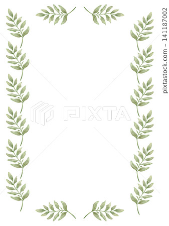 Green branch leaf frame border with watercolor leaves on white background for printable invitation and stationery design. Copy space. Isolated. For first communion, baptism, wedding, save the date Green branch leaf frame border with watercolor leaves on white background for printable invitation and stationery design. Copy space. Isolated. For first communion, baptism, wedding, save the date 141187002