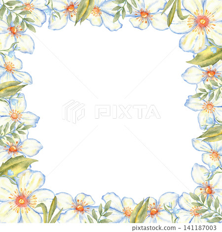 White floral square frame with green leaves and watercolor blossoms for wedding invitation background and greeting card design. Copy space. For first communion, baptism, save the date label Hand drawn White floral square frame with green leaves and watercolor blossoms for wedding invitation background and greeting card design. Copy space. For first communion, baptism, save the date label Hand drawn 141187003