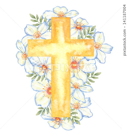 Golden cross surrounded by white watercolor flowers and green leaves for easter card design and religious celebration graphics. Isolated. For wedding, first communion, baptism, greeting card, label. 141187004