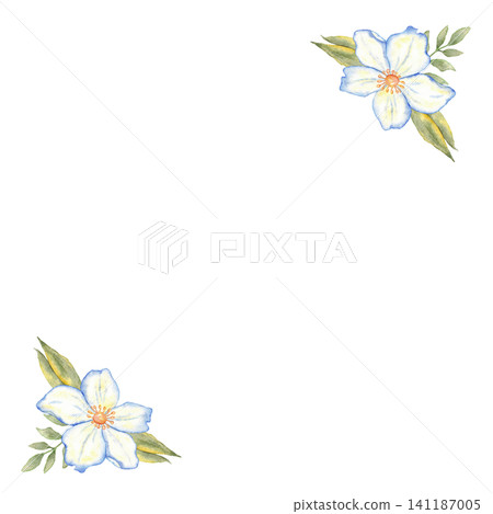 Square floral corner template with two watercolor white and blue flowers for invitation card background and printable stationery design. Isolated. For wedding, first communion, baptism, save the date Square floral corner template with two watercolor white and blue flowers for invitation card background and printable stationery design. Isolated. For wedding, first communion, baptism, save the date 141187005