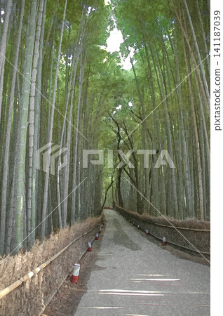 嵯峨野的一條竹林小徑,兩側是筆直茂盛的綠色竹子。 嵯峨野的一條竹林小徑,兩側是筆直茂盛的綠色竹子。 141187039