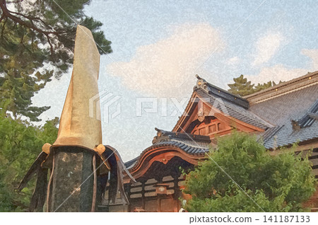 A monument of Maeda Toshiie's golden catfish-tail helmet stands beside the main hall of Oyama Shrine. A monument of Maeda Toshiie's golden catfish-tail helmet stands beside the main hall of Oyama Shrine. 141187133