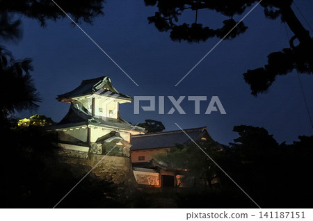 金澤城石川門的白色城牆和雄偉堡壘在夜色中顯現出來。 金澤城石川門的白色城牆和雄偉堡壘在夜色中顯現出來。 141187151