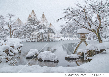 白雪皚皚的唐崎松樹和兼六園美麗的雪樹倒映在清澈的池塘水中。 白雪皚皚的唐崎松樹和兼六園美麗的雪樹倒映在清澈的池塘水中。 141187159
