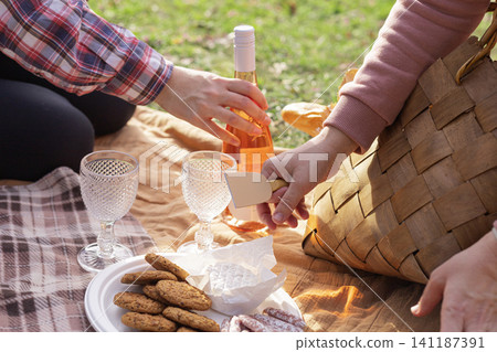 Picnic in park with wine, cookies and wicker basket Picnic in park with wine, cookies and wicker basket 141187391