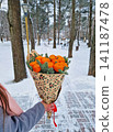 Young woman in a grey coat holds a unique bouquet of vibrant tangerines and pine sprigs as walks in the snowy park, creating a cozy winter scene. Festive holiday warmth and seasonal gift concept 141187478