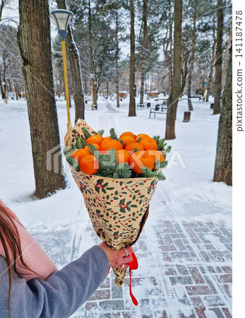 Young woman in a grey coat holds a unique bouquet of vibrant tangerines and pine sprigs as walks in the snowy park, creating a cozy winter scene. Festive holiday warmth and seasonal gift concept Young woman in a grey coat holds a unique bouquet of vibrant tangerines and pine sprigs as walks in the snowy park, creating a cozy winter scene. Festive holiday warmth and seasonal gift concept 141187478