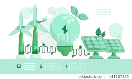 Renewable Energy Concept with Green Light Bulb Solar Panels and Wind Turbines Vector Illustration Renewable Energy Concept with Green Light Bulb Solar Panels and Wind Turbines Vector Illustration 141187565
