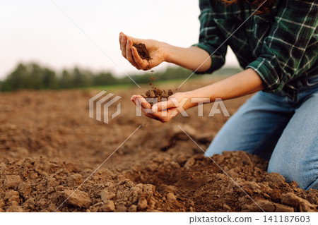 A woman agronomist holds the soil, checks its quality before sowing. Ecology, gardening concept. 141187603