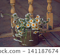A brass teapot with daisies on the porch of a country house 141187674