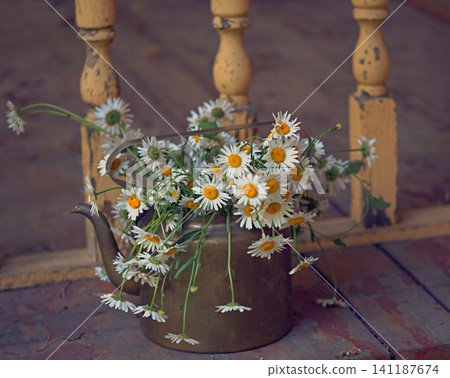 A brass teapot with daisies on the porch of a country house A brass teapot with daisies on the porch of a country house 141187674