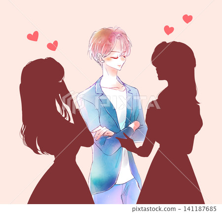 一位受女性歡迎的男子;一位女性的剪影。 一位受女性歡迎的男子;一位女性的剪影。 141187685