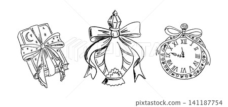 Hand-drawn illustration of three decorative elements a wrapped gift box, an ornate ornament with a bow, and a vintage clock with Roman numerals Hand-drawn illustration of three decorative elements a wrapped gift box, an ornate ornament with a bow, and a vintage clock with Roman numerals 141187754