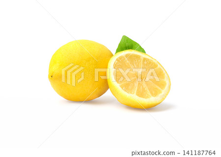 Lemon fruit whole and a half with leaf 141187764