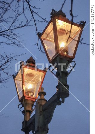 The retro double streetlights on Saisei Road emit a classic light against the night sky. 141187773