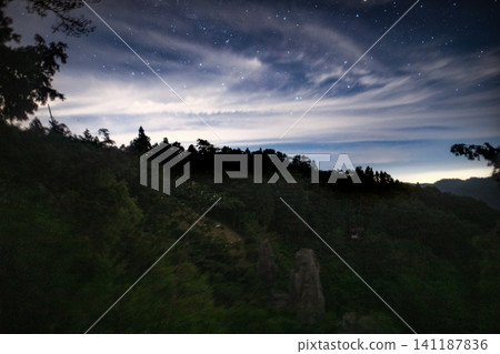 The ridgeline of a deep forest, enveloped in the silence of a starry night. The ridgeline of a deep forest, enveloped in the silence of a starry night. 141187836