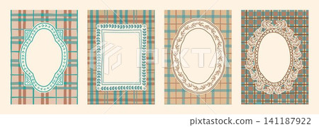 Lace frame with floral pattern, gingham background Lace frame with floral pattern, gingham background 141187922