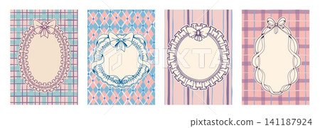 Lace frame with floral pattern, gingham background Lace frame with floral pattern, gingham background 141187924