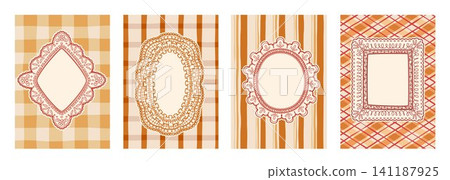 Lace frame with floral pattern, gingham background Lace frame with floral pattern, gingham background 141187925