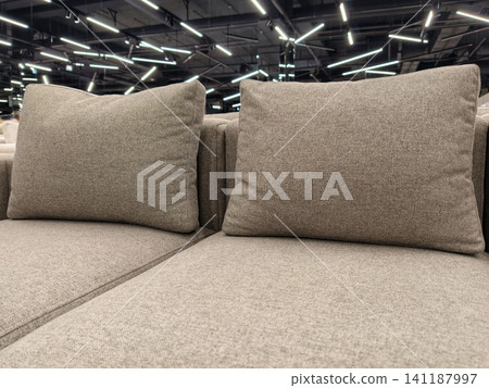 Modern gray sofa with oversized cushions, for sale in a furniture store Modern gray sofa with oversized cushions, for sale in a furniture store 141187997