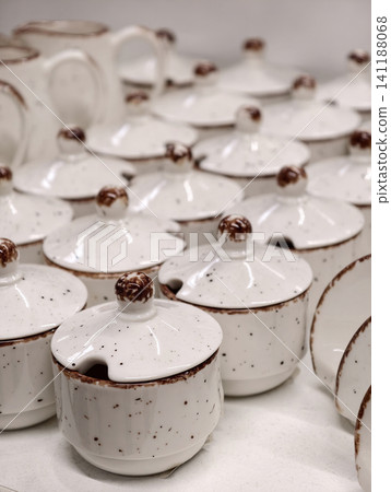 Ceramic sauce bowls sugar containers and napkin holders in light tones lined up in retail display offering simple tableware set for serving sauces sweets and table organization 141188068