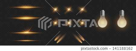 Abstract golden light effects and illuminated hanging light bulbs on black background Abstract golden light effects and illuminated hanging light bulbs on black background 141188162