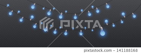 Electric garland of blue glowing light bulbs illuminating a dark transparent background Electric garland of blue glowing light bulbs illuminating a dark transparent background 141188168