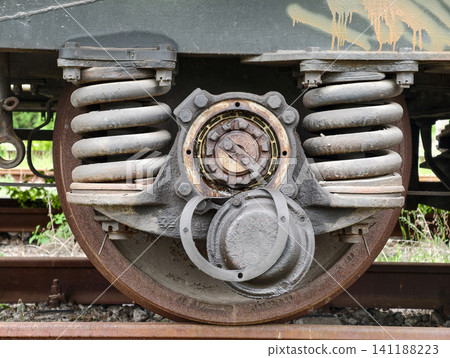 Freight wagon bogie with bearing wheel and spring suspension forming an essential part of railway rolling stock used in industrial cargo transportation systems Freight wagon bogie with bearing wheel and spring suspension forming an essential part of railway rolling stock used in industrial cargo transportation systems 141188223