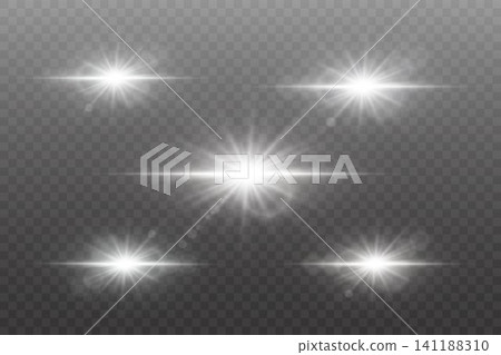 Set of glowing white lens flares with starburst and horizontal light beams on transparent background 141188310
