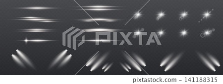 Set of various light effects, flares, beams, and spotlights on transparent background 141188315
