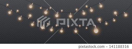 Decorative glowing light bulbs hanging in garlands creating a cheerful party decoration 141188316