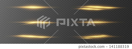 Glowing golden light effects creating abstract streaks and star particles on a transparent background Glowing golden light effects creating abstract streaks and star particles on a transparent background 141188319