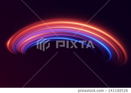 Dynamic colorful neon light trails curving on a dark background showing speed and data flow Dynamic colorful neon light trails curving on a dark background showing speed and data flow 141188526