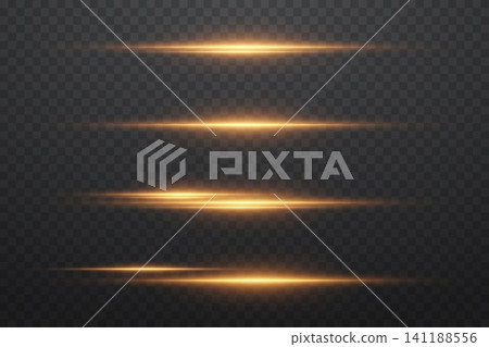 Golden horizontal light streaks illuminate a dark transparent background, embodying speed and future technology Golden horizontal light streaks illuminate a dark transparent background, embodying speed and future technology 141188556