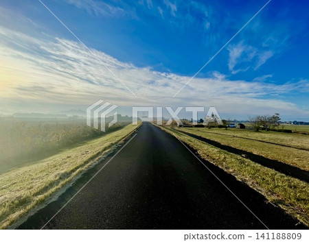 清晨,一條道路一直延伸到遠方。 清晨,一條道路一直延伸到遠方。 141188809
