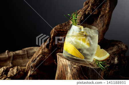 Gin and tonic cocktail with lemon slices, ice and a sprig of rosemary. 141188931