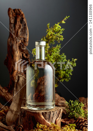 Transparent bottle of gin or herbal bitter, set among juniper branches, weathered driftwood and forest moss. Transparent bottle of gin or herbal bitter, set among juniper branches, weathered driftwood and forest moss. 141188966