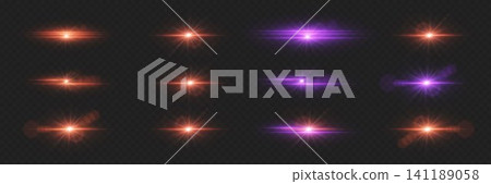 Set of glowing lens flares and light effects in orange and purple, creating bright abstract designs Set of glowing lens flares and light effects in orange and purple, creating bright abstract designs 141189058