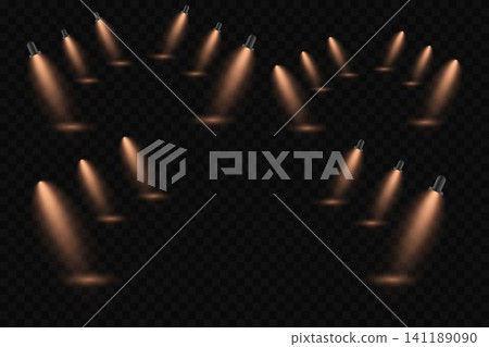 Multiple spotlights projecting warm light beams onto a dark transparent background Multiple spotlights projecting warm light beams onto a dark transparent background 141189090