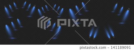 Blue spotlights illuminating a dark background, providing vibrant light effects Blue spotlights illuminating a dark background, providing vibrant light effects 141189091