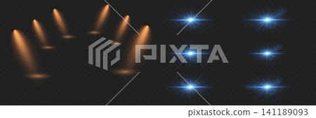 Collection of warm spotlights and bright blue lens flares for overlay design Collection of warm spotlights and bright blue lens flares for overlay design 141189093