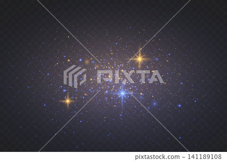 Sparkling blue and gold light particles scattering, forming a festive and magical abstract background 141189108
