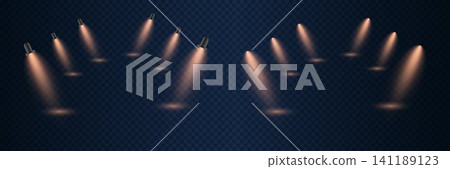 Multiple light beams from stage spotlights creating a dramatic warm glow on a dark backdrop Multiple light beams from stage spotlights creating a dramatic warm glow on a dark backdrop 141189123